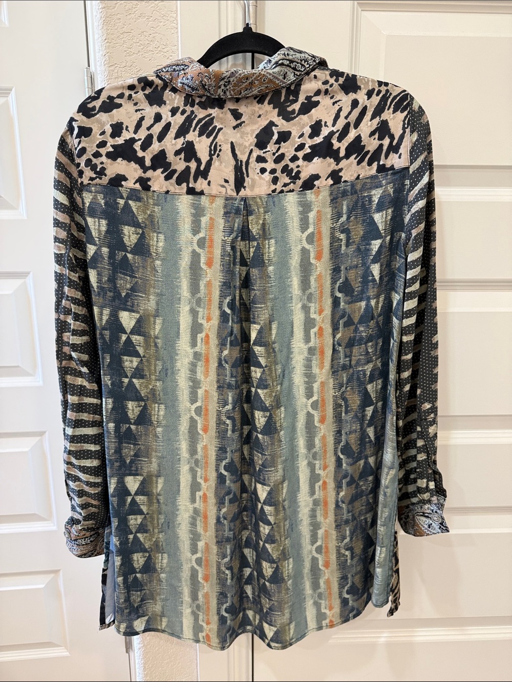 John Mark Black & Cream Mixed-Print Button Front Blouse with Brown Accents - Picture 3 of 6